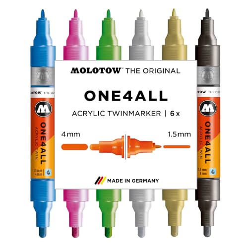 Molotow One4All Acrylic Twin Marker Metallic Set (1,5 und 4,0 mm Strichstärke, hochdeckend und permanent, schnell trocknend, nachfüllbar, für fast alle Untergründe) 6 Stück sortiert von Molotow