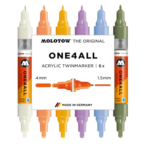 Molotow One4All Acrylic Twin Marker Pastel Modern Set (1,5 und 4,0 mm Strichstärke, hochdeckend und permanent, schnell trocknend, nachfüllbar, für fast alle Untergründe) 6 Stück sortiert von Molotow