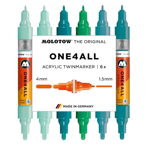 Molotow One4All Acrylic Twin Marker Tropical Set (1,5 und 4,0 mm Strichstärke, hochdeckend und permanent, schnell trocknend, nachfüllbar, für fast alle Untergründe) 6 Stück sortiert von Molotow