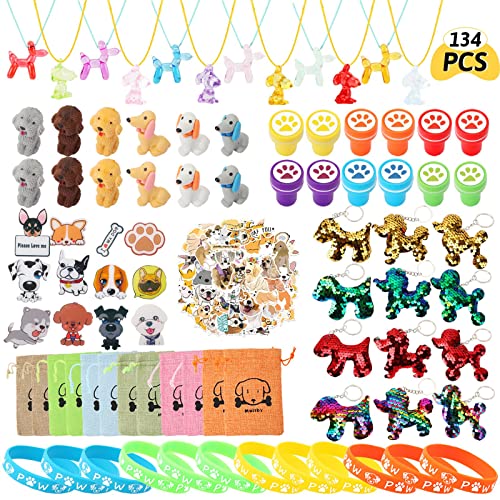 134 Stücke Hunde Geburtstag Deko Party Set - Dog Paw Kindergeburtstags Party Mitgebsel, Hunde Armband, Schlüsselanhänger, Stempel, Aufkleber, Radiergummis, Geschenktüte für Kinder, Jungen, Mädchen von Moltby