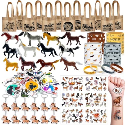 Moltby 110Pcs Horse Pferde Mitgebsel Kindergeburtstag - West Cowboy Pferde Deko mit Gastgeschenke Tüten Figuren Armbänder Schlüsselanhänger Aufkleber Tattoos von Moltby