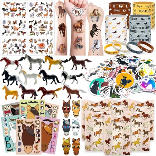 Moltby 110Pcs Pferde Mitgebsel Kindergeburtstag - West Cowboy Pferde Deko Kindergeburtstag mit Pferde Figuren Armbänder Aufkleber Tattoos, Pferde Geburtstag für Mädchen Jungen von Moltby