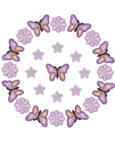 Mon Carame Bügelbilder und bestickte Flicken, bunte Schmetterlinge, Stern und Blume, zum Aufnähen für Kleidung, Hüte, Taschen, Jacken, Partys und Bastelarbeiten, modisches Design, Lila, 25 Stück von Mon Caramel