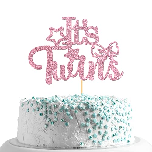 MonMon & Craft It's Twins Kuchendekoration für Babyparty, Zwillinge, Kuchendekoration, Geschlechtsoffenbarung, Zwillingsparty-Dekoration, rosa Glitzer von MonMon & Craft