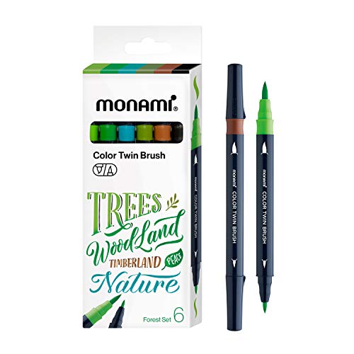 MONAMI Color Twin Brush Dual Brush Pen Double Tip Fine & Medium Marker für Malbuch/Kalligraphie/Schrift/Illustrationen, Wald, 6er-Pack (Grün, Hellgrün, Pfauengrün, Olivgrün, Braun, Schwarz) von Monami