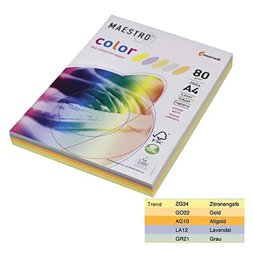 Mondi Meastro color mixed pack - 5x50 Blatt 80gr. trend colors - Altgold, Lavendel, Zitronengelb, Gold, Grau von Mondi