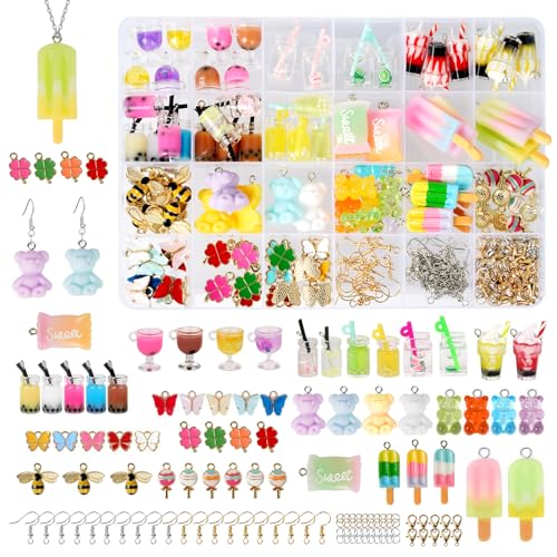 Charms Anhänger Set, 100 Stück Schmuck Selber Machen Set, Charms Bubble Tea Schmetterling Bär, DIY Coole Sachen für Ohrringe Halskette Armband und Schlüsselanhänger von Monemey