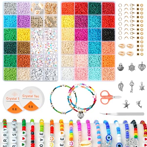 Perlen für Armbänder, 36 Bunte Morandi Glasperlen zum Auffädeln, Mini Perlenset Charm Kit mit Holzperlen, 18000 Stück Perlen zum Auffädeln für Weihnachten DIY Bracelet Making Kit, Partys, Feiertage von Monemey