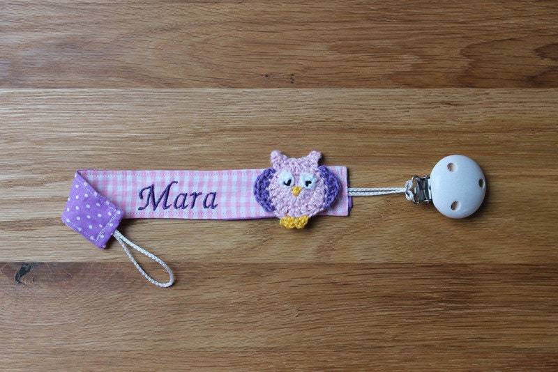 Schnullerband Rosa Lila Eule Mit Namen Personalisiert/Schnullerhalter Schnullerkette Geschenk Zur Geburt von Monemy