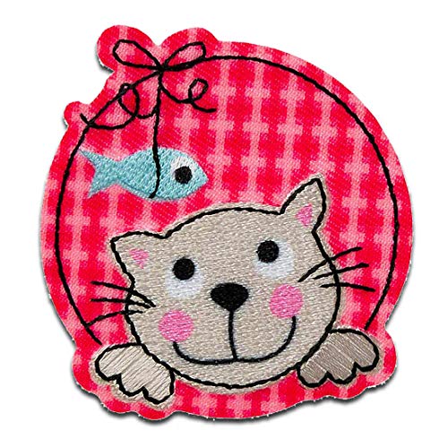 Katze mit Fisch Tier - Aufnäher, Bügelbild, Aufbügler, Applikationen, Patches, Flicken, zum aufbügeln, Größe: 5,8 x 5,6 cm von Mono-Quick GmbH