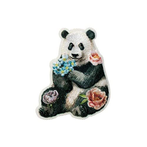 Mono Quick 1215x Tiere mit Blumen, Applikation, Schimmer Bügelbild, Faultier, Panda, Eichhörnchen, Hirsch oder Waschbär Patch (12156 - Panda) von Mono Quick