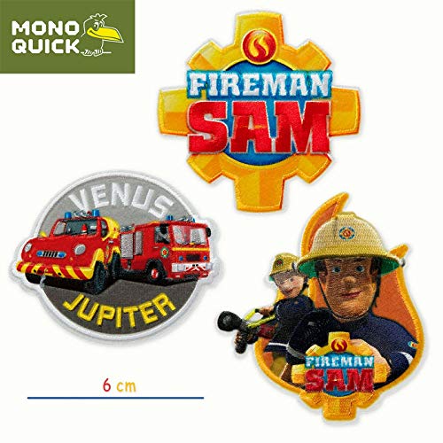 Mono-Quick 366 Fireman Sam, 3er Set Patches zum Aufbügeln, Aufkleben oder Aufnähen, Polyester, mehrfarbig, MD, 3 Anzahl von Mono-Quick