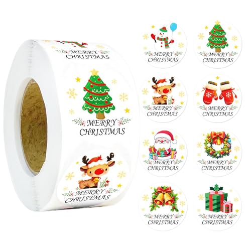 Monozoz Frohe Weihnachten Aufkleber, wasserfeste Urlaubsaufkleber für Umschläge, einfach abziehen und aufkleben, runder Weihnachtsaufkleber für Brotbeutel, Wandhandwerk von Monozoz