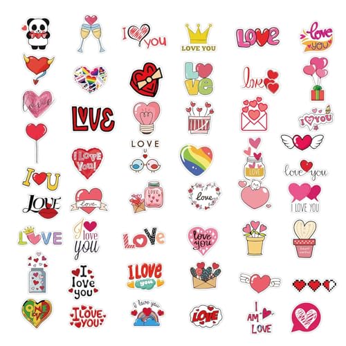 Monozoz Valentinstag-Aufkleber, 50 x Valentinstags-Aufkleber, Herz-Aufkleber, Valentinstag-Zubehör, Scrapbook-Dekoration für Wasserflasche, Laptop, Skateboard, Gepäck von Monozoz