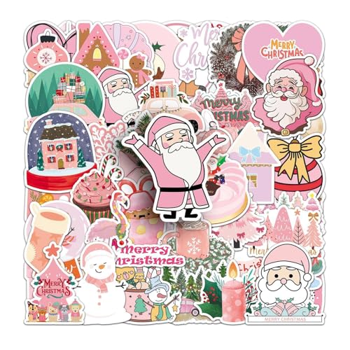 Monozoz Weihnachtsaufkleber für Kinder, 50 x rosa Aufkleber für Weihnachten, Wasserflaschen-Aufkleber für Wasserflaschen, Handyhüllen, Scrapbook von Monozoz