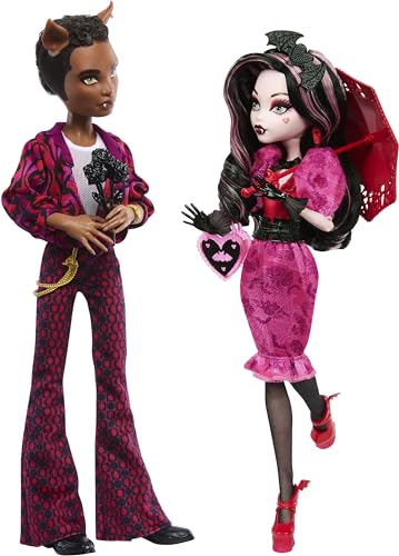Monster High Puppen, Draculaura und Clawd Wolf Howliday Love Edition Collector Zweierpack mit Puppenständer und ausstellbarer Verpackung von Monster High