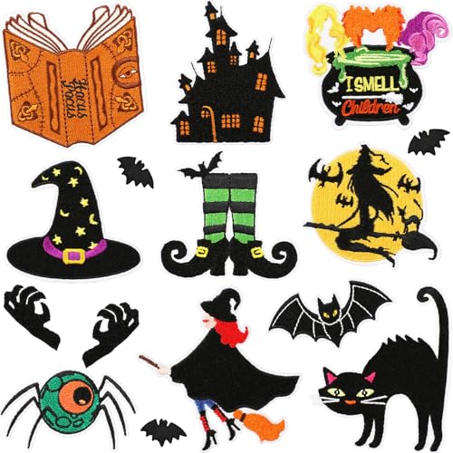 Monsully 15 Stück Halloween Herbst Bügelbilder Halloween bestickt Nähen Applikation Reparatur Patch Niedlicher Totenkopf Kürbis Geist DIY Handwerk für Kleidung Jacke Jeans Hosen von Monsully