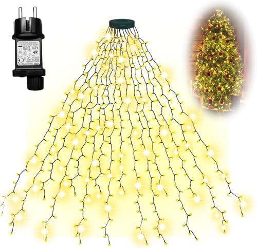 280 LED-Weihnachtsbaumlichter 2m x 8Stränge mit warmweißem Licht, IP44 GS-Netzadapter, 8 Lichtmodi und Speicher, Lichtervorhang für drinnen und draußen, Weihnachtsdekoration für Baum, Fenster und Wand von Montegoni