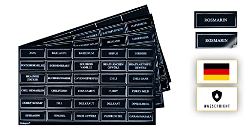 Gewürzetiketten (150 Stück) selbstklebend Schwarz Rechteckig - Wasserfest gewürzaufkleber, Küchenetiketten 5x2 cm vorratsetiketten küche von Montegoni