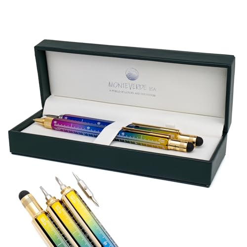 Monteverde USA Tool Pen Set - Rainbow Füller (breit) + Kugelschreiber - Lineal, Wasserwaage, Stylus & Wendeschraubendreher eingebaut - Konverter & Parker-Style blaue Mine von Monteverde