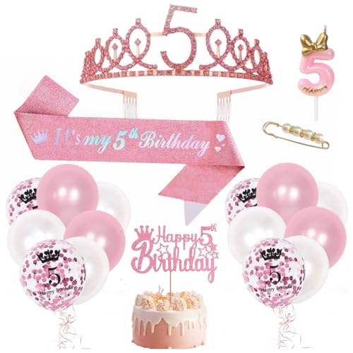 5. Geburtstag Mädchen Deko, 5. Rosa Geburtstag Krone und Schärpe, Luftballon 5 Jahre, Happy Birthday Tortendeko mit Kerze, Crown Prinzessin Geburtstagskrone für Geburtstagsdeko Mädchen 5 Jahre 5. Geburtstag Mädchen Deko, 5. Rosa Geburtstag Krone und Schärpe, Luftballon 5 Jahre, Happy Birthday Tortendeko mit Kerze, Crown Prinzessin Geburtstagskrone für Geburtstagsdeko Mädchen 5 Jahre von Montrestar