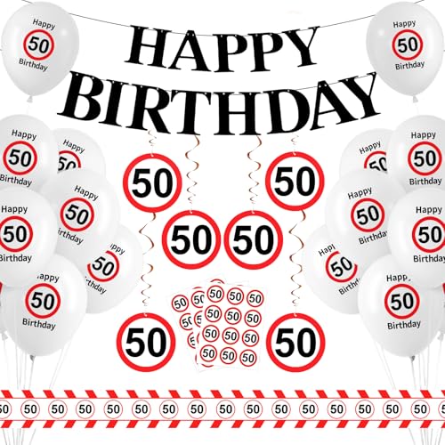 50 Geburtstag Deko Set, 50 Happy Birthday Ballon Rot Weiß, Verkehrsschild Geburtstag Deko mit Luftballons, Girlande, Aufkleber, Luftschlangen, zum Männer Frauen 50 Jahre Geburtstagsdeko Party Zubehör von Montrestar
