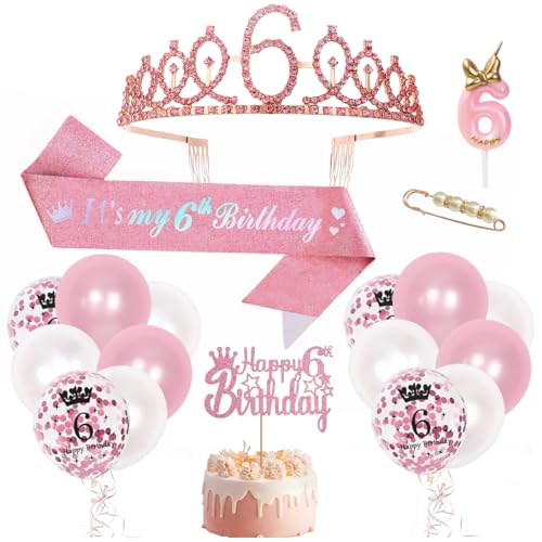6. Geburtstag Mädchen Deko, 6. Rosa Geburtstag Krone und Schärpe, Luftballon 6 Jahre, Happy Birthday Tortendeko mit Kerze, Crown Prinzessin Geburtstagskrone für Geburtstagsdeko Mädchen 6 Jahre 6. Geburtstag Mädchen Deko, 6. Rosa Geburtstag Krone und Schärpe, Luftballon 6 Jahre, Happy Birthday Tortendeko mit Kerze, Crown Prinzessin Geburtstagskrone für Geburtstagsdeko Mädchen 6 Jahre von Montrestar
