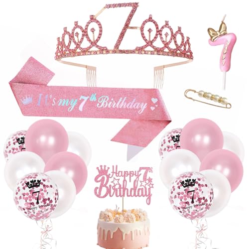7. Geburtstag Mädchen Deko, 7. Rosa Geburtstag Krone und Schärpe, Luftballon 7 Jahre, Happy Birthday Tortendeko mit Kerze, Crown Prinzessin Geburtstagskrone für Geburtstagsdeko Mädchen 7 Jahre 7. Geburtstag Mädchen Deko, 7. Rosa Geburtstag Krone und Schärpe, Luftballon 7 Jahre, Happy Birthday Tortendeko mit Kerze, Crown Prinzessin Geburtstagskrone für Geburtstagsdeko Mädchen 7 Jahre von Montrestar