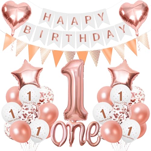1 Jahr Geburtstag Deko Rosegold, Deko 1. Geburtstag Mädchen, 1. Geburtstags Luftballon mit Happy Birthday Girlande, Geburtstagsdeko 1, Roségold Konfetti Ballon für Erster Geburtstage Mädchen Party von Montrestar