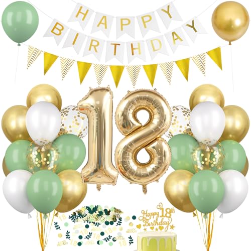Deko 18. Geburtstag Salbeigrüne, Luftballons 18 Geburtstag Deko Set Grün Weiß Gold, Ballon 18 mit Banner Tortendeko, Happy Birthday Girlande, für Mädchen Junge 18 Jahre Geburtstagsdeko von Montrestar