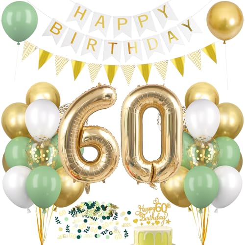 Deko 60. Geburtstag Salbeigrüne, Luftballons 60 Geburtstag Deko Set Grün Weiß Gold, Ballon 60 mit Banner Tortendeko, Happy Birthday Girlande, für Frau Männer 60 Jahre Geburtstagsdeko von Montrestar