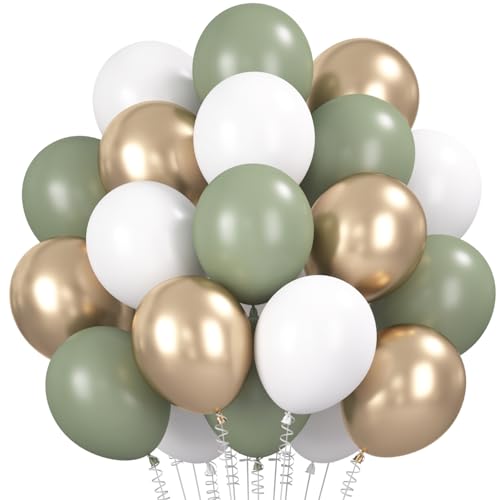 Luftballons Grün Champagner Gold, 30 Stück Salbeigrün Weiß Luftballon Set, Retro Olivegrün Eukalyptus Grün Helium Ballons für Jubiläum Geburtstag Hochzeit Babyparty Graduierung Taufe Safari Party von Montrestar