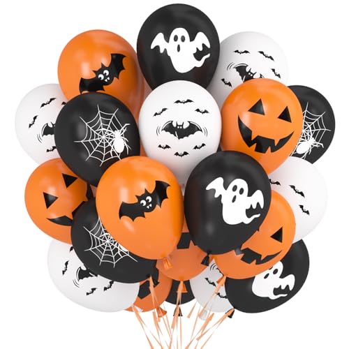 Luftballons Halloween, 60 Stück Fledermaus Geister Spinnen Kürbis Druckballon, Latex Ballons Orange Weiß Schwarz, Helium Ballons für Kinder Halloween Motto Party Dekoration von Montrestar