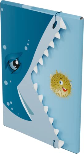 MONUMI - Dokumentenmappe A4 mit Tiermuster: Hai, für Kinder, Gummibandverschluss, Organisation: Hai requin von Monumi