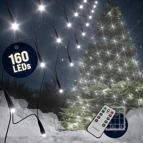 Monzana® Lichternetz 160 LEDs mit Fernbedienung Timer 8 Leuchtmodi Dimmbar IP44 Außen Innen Weihnachten Lichterkette Lichtervorhang Kaltweiß 200x150 cm von Monzana