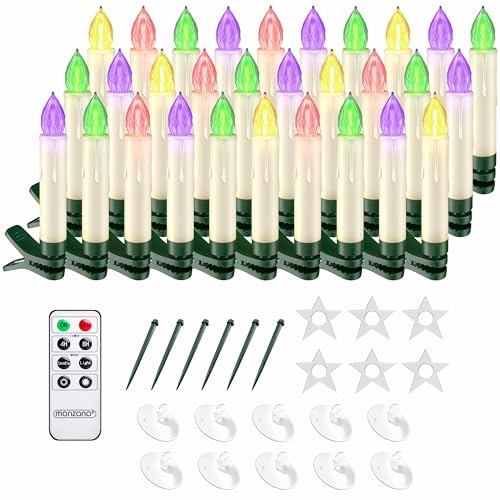 MONZANA® Christbaumkerzen LED Kabellos 30er Set Batterie Timer Fernbedienung Echtwachs Optik Lichterkette Weihnachten Flackernd Bunt Weihnachtsbaum von Monzana