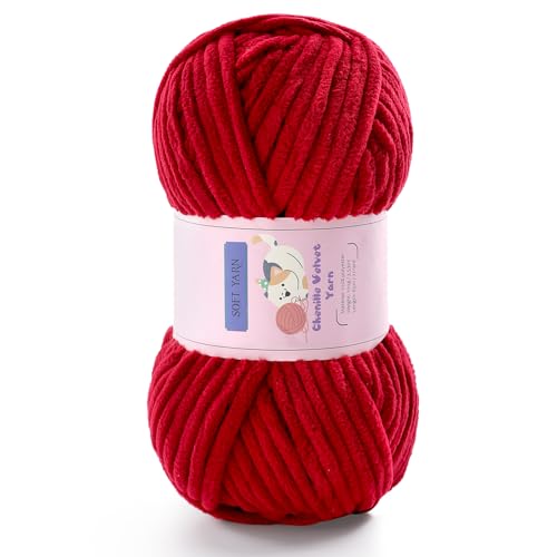 Grobes Garn zum Häkeln, sperriges Chenille-Deckengarn zum Häkeln und Stricken von Decken, Amigurumi, Handwerk, Mütze, Schuhe, Plüsch, flauschig, weich, 70 m/100 g pro Knäuel (Jujube Red) von Mooaske