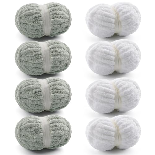 Grobes Garn zum Handstricken, grobes Chenille-Garn zum Häkeln, flauschige Garne zum Häkeln, Jumbo-Garne zum Handstricken, 28 Yds pro Rolle (8, Avocadogrün-Weiß), 8 Stück von Mooaske