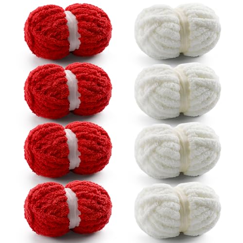Grobes Garn zum Handstricken, grobes Chenille-Garn zum Häkeln, flauschige Garne zum Häkeln, Jumbo-Garne zum Handstricken, 28 Yds pro Rolle (8, Big Red-Milky White) von Mooaske