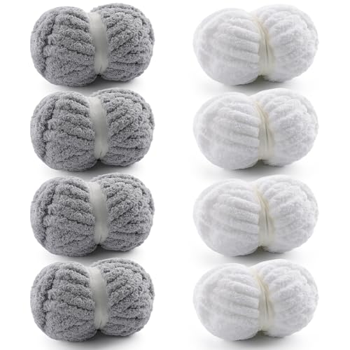Grobes Garn zum Handstricken, grobes Chenille-Garn zum Häkeln, flauschige Garne zum Häkeln, Jumbo-Garne zum Handstricken, 28 Yds pro Rolle (8, Hellgrau-Weiß), 8 Stück von Mooaske