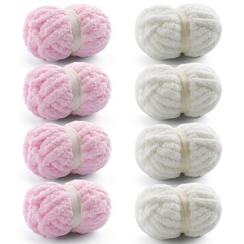 Grobes Garn zum Handstricken, grobes Chenille-Garn zum Häkeln, flauschige Garne zum Häkeln, Jumbo-Garne zum Handstricken, 28 Yds pro Rolle (8, Hellrosa-Milchweiß), 8 Stück von Mooaske