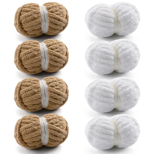 Grobes Garn zum Handstricken, grobes Chenille-Garn zum Häkeln, flauschige Garne zum Häkeln, Jumbo-Garne zum Handstricken, 28 Yds pro Rolle (8, Khaki-Weiß), 8 Stück von Mooaske