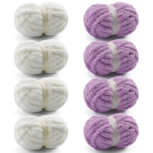 Grobes Garn zum Handstricken, grobes Chenille-Garn zum Häkeln, flauschige Garne zum Häkeln, Jumbo-Garne zum Handstricken, 28 Yds pro Rolle (8, Milchweiß-Hellviolett), 8 Stück von Mooaske
