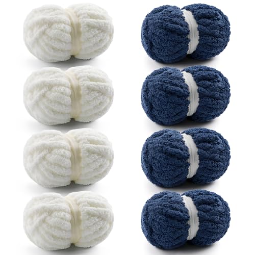 Grobes Garn zum Handstricken, grobes Chenille-Garn zum Häkeln, flauschige Garne zum Häkeln, Jumbo-Garne zum Handstricken, 28 Yds pro Rolle (8, Milchweiß-Marineblau), 8 Stück von Mooaske