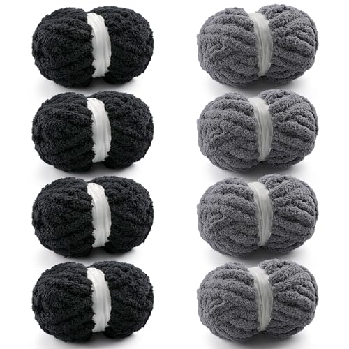 Grobes Garn zum Handstricken, grobes Chenille-Garn zum Häkeln, flauschige Garne zum Häkeln, Jumbo-Garne zum Handstricken, 28 Yds pro Rolle (8, Schwarz-Dunkelgrau), 8 Stück von Mooaske