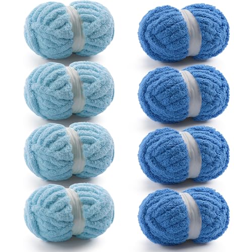 Grobes Garn zum Handstricken, grobes Chenille-Garn zum Häkeln, flauschige Garne zum Häkeln, Jumbo-Garne zum Handstricken, 28 Yds pro Rolle (8, Seeblau-Himmelblau), 8 Stück von Mooaske