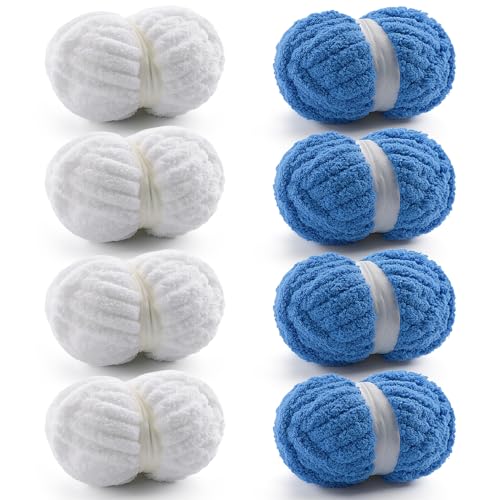 Grobes Garn zum Handstricken, grobes Chenille-Garn zum Häkeln, flauschige Garne zum Häkeln, Jumbo-Garne zum Handstricken, 28 Yds pro Rolle (8, Weiß-Himmelblau), 8 Stück von Mooaske