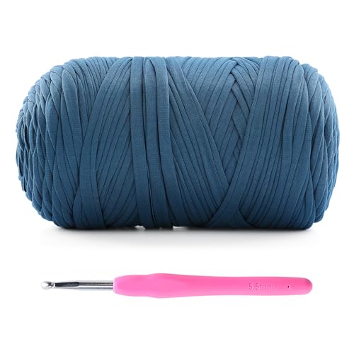 Mooaske 1 Packung T-Shirt-Häkelgarn für DIY-Stricken, Häkeltuch, Decke, Tasche, Puppen – 400 g, dickes Garn zum Häkeln mit Polyester-Spandex-Mischung, elastischem Stoff (Jeansblau) von Mooaske