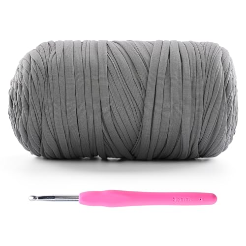 Mooaske 1 Packung T-Shirt-Häkelgarn für DIY-Stricken, Häkeltuch, Decke, Tasche, Puppen – 400 g, dickes Garn zum Häkeln mit Polyester-Spandex-Mischung, elastischem Stoff (hellgrau) von Mooaske