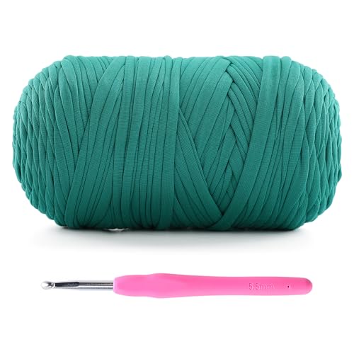 Mooaske 1 Packung T-Shirt-Häkelgarn für DIY-Stricken, Häkeltuch, Decke, Tasche, Puppen – 400 g, dickes Garn zum Häkeln mit Polyester-Spandex-Mischung, elastischem Stoff (porengrün) von Mooaske
